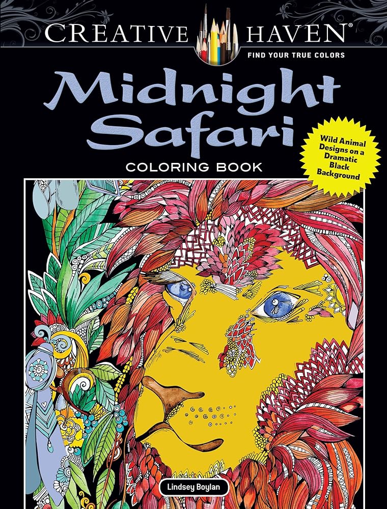 Creative Haven Midnight Safari Coloring Book: Wild Animal Designs on a Dramatic Black Background (Adult Coloring Books: Animals)