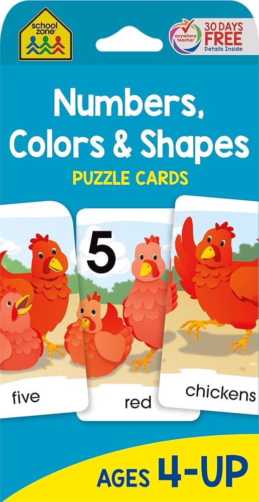 School Zone Numbers, Colors & Shapes Puzzle Cards: 56 Flash Cards, Pre-K, Preschool, Kindergarten, 18 Full-Color Puzzles, Animal Pictures, Animal Names, Counting, Early Math, Short Sentences, Ages 4+