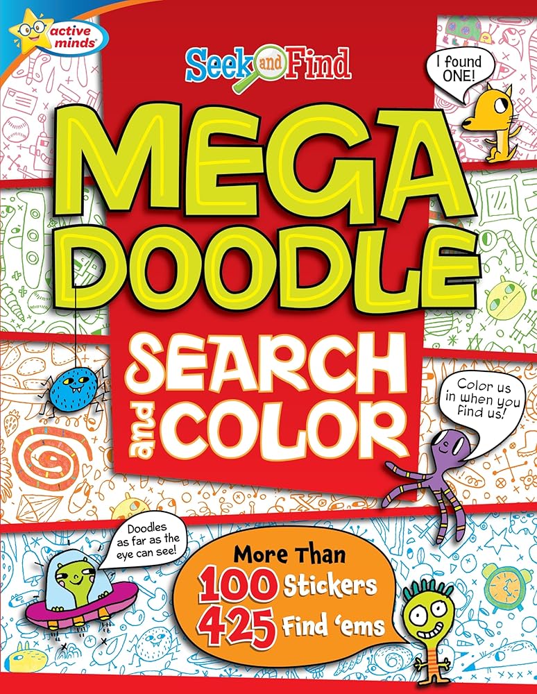 Active Minds - Mega Doodle Search and Color Seek and Find Activity Book - Over 425 Find 'Ems and 100 Stickers Included!