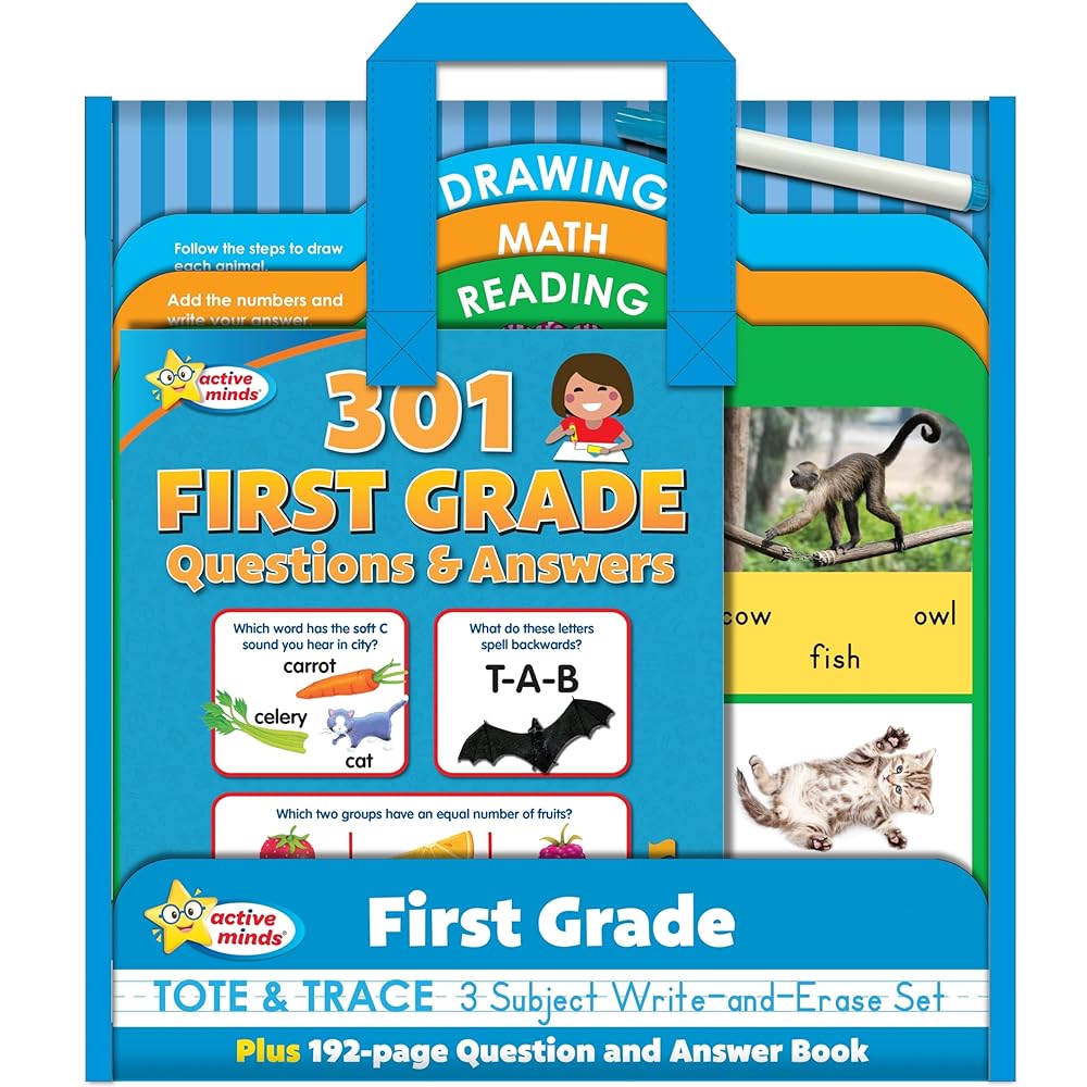 Active Minds - First Grade Tote & Trace - 3 Subject Write-and-Erase Wipe Clean Board Set and 192-Page Question and Answer Workbook - Language Arts, ... and More! (Active Minds Tote and Trace)