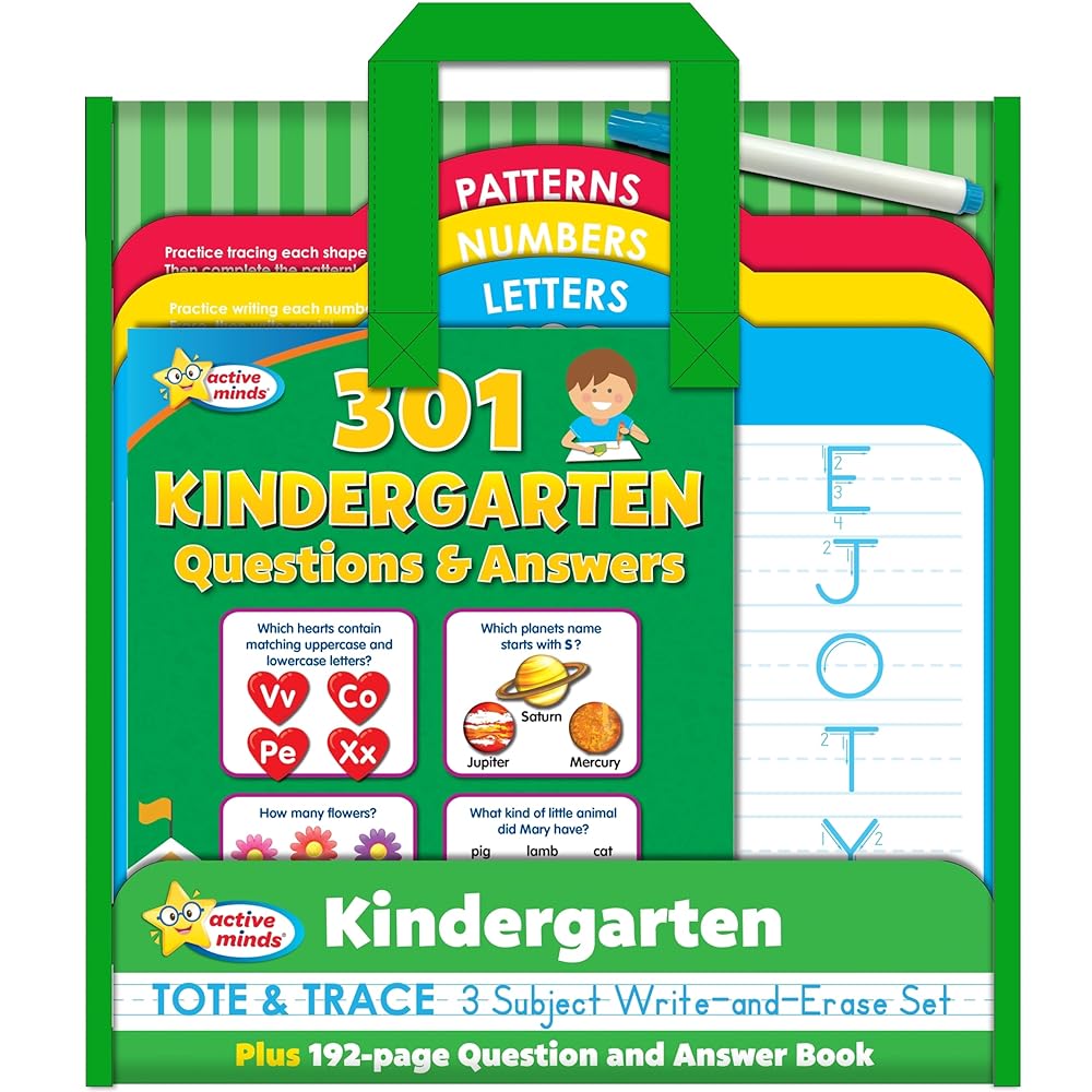 Active Minds - Kindergarten Tote & Trace 3 Subject Write-and-Erase Wipe Clean Set and 192 Page Question and Answer Workbook - Language Arts, Math, Science, and More!