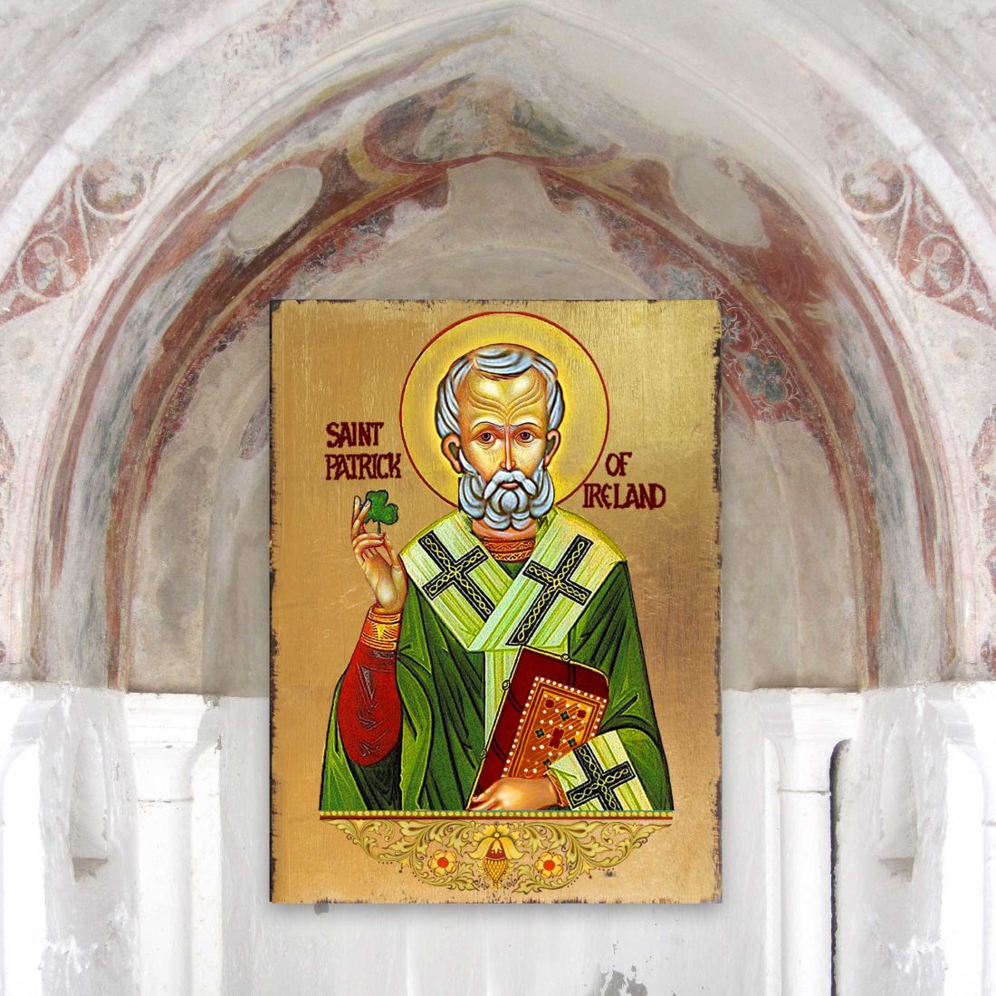 Saint Patrick Wooden Gold Plated Religious Christian Sacred Icon - Celtic Decor - 85060