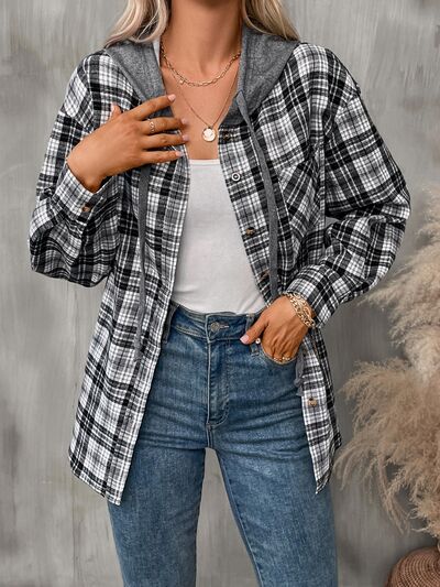 Plaid Buttoned Long Sleeve Hooded Jacket for Women – Cozy & Stylish Cotton-Blend Outerwear