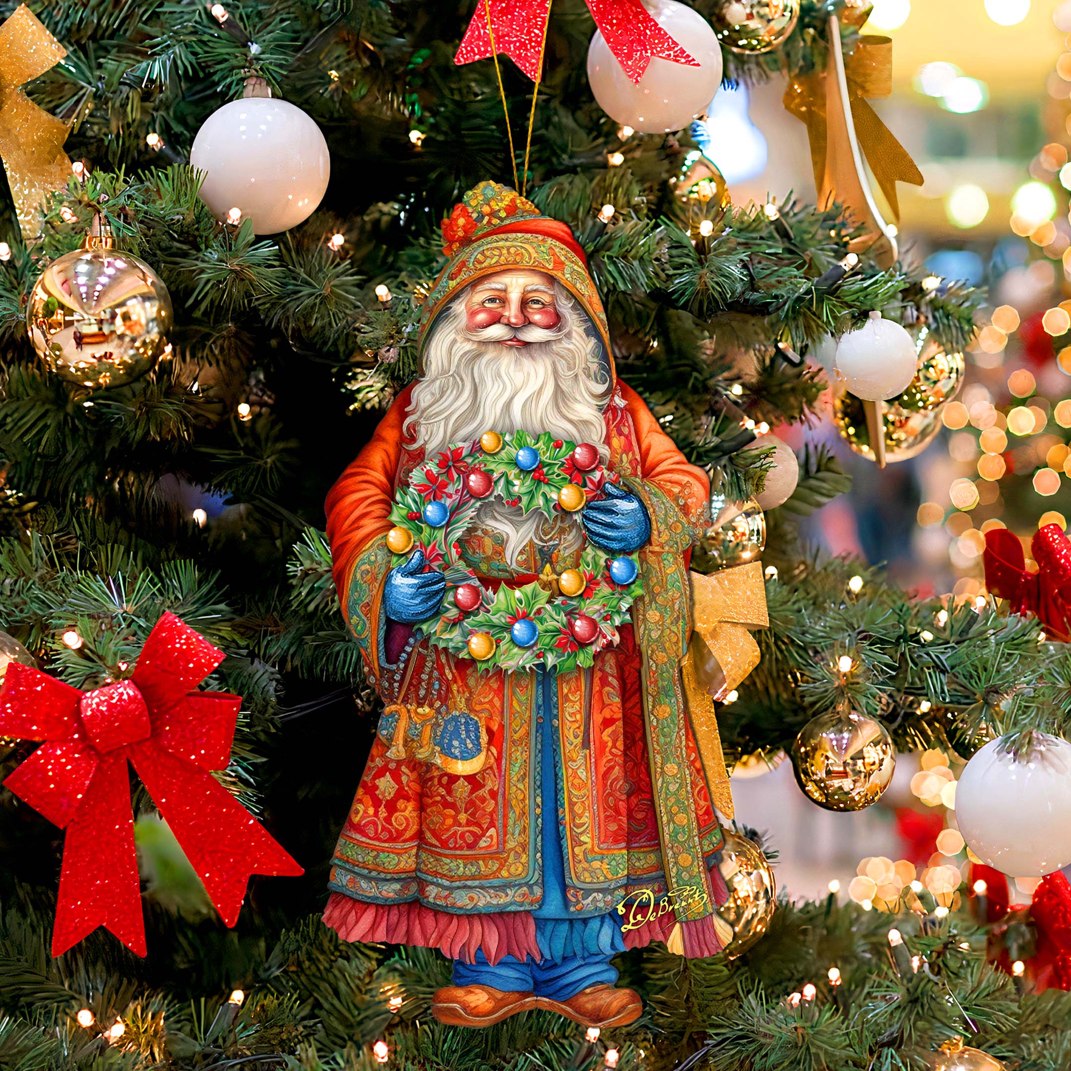 Santa's Wreath of Joy Wooden Ornaments by G. Debrekht - Christmas Santa Snowman Decor - 8691402