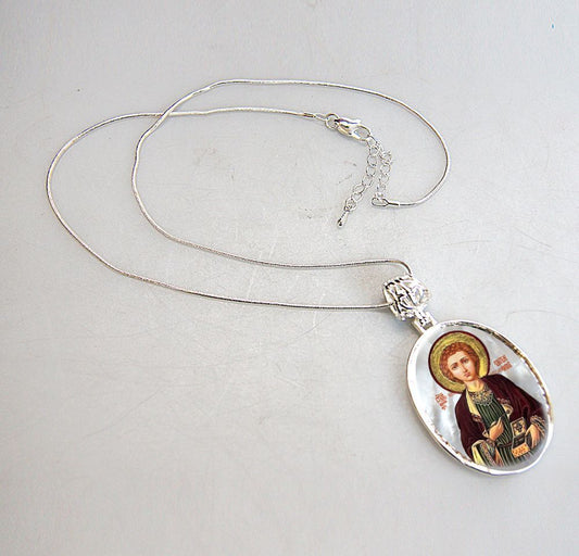 Saint Panteleimon Silver Plated Mother of Pearl Necklace - 43023