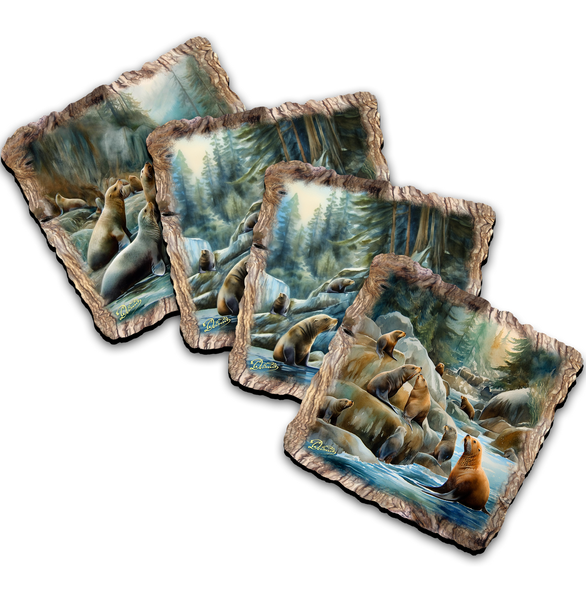 Charming Sea Lions Wooden Cork Coasters Gift Set of 4 by Nature Wonders Coastal Wildlife Decor  - 95387C-S4