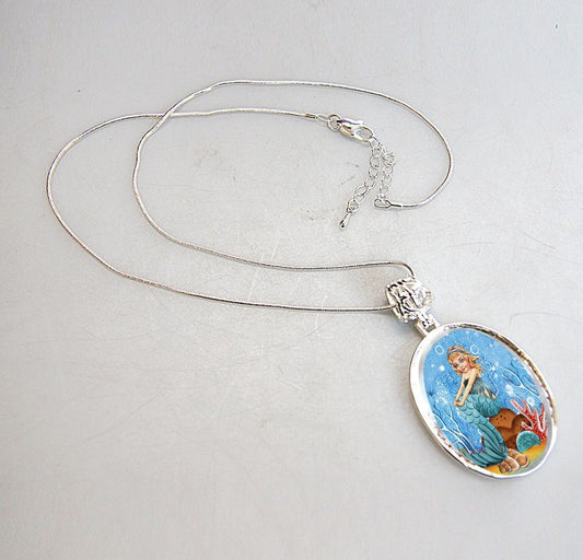 Mermaid Silver Plated Mother of Pearl Jewelry Pendant Necklace - 44042