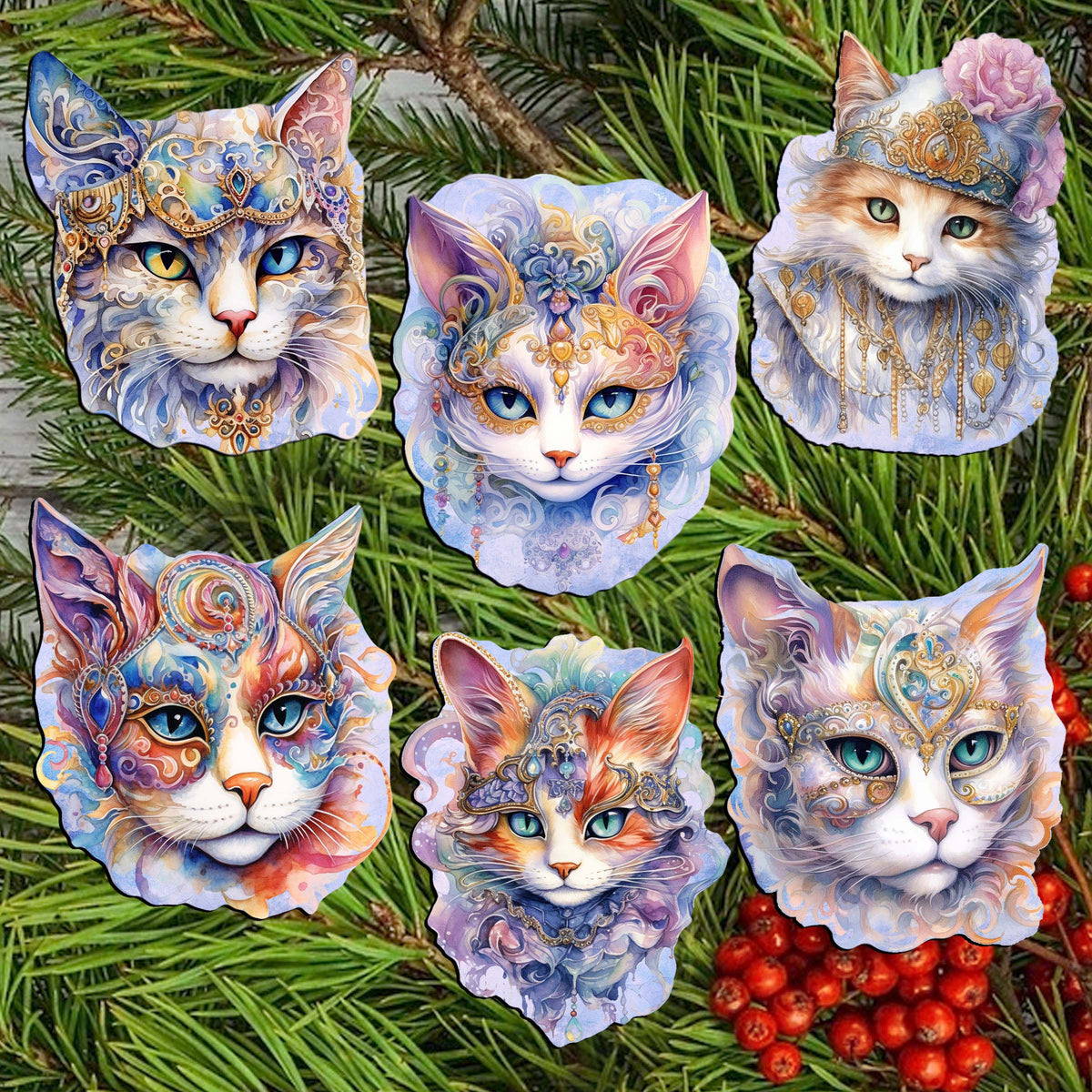 Cats Masks Clip-On Eco Wood Decorative Ornaments Set of 6 by G. Debrekht - Christmas Decor - 8090033C-S6
