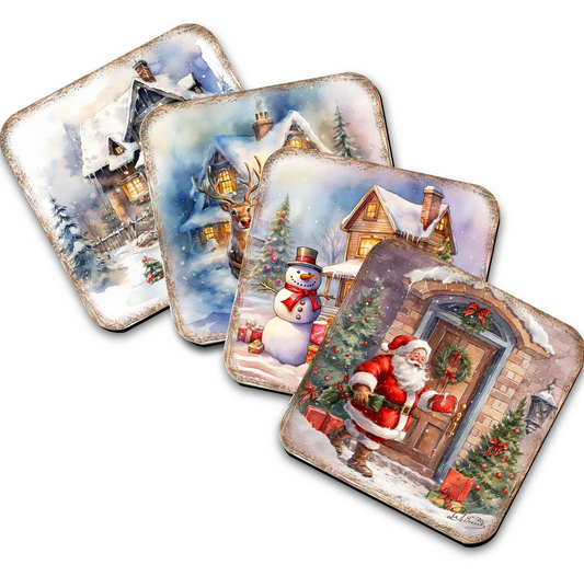 Christmas Is Here Wooden Cork Coasters Gift Set of 4 by G. Debrekht - Christmas Decor  - 8199443C-S4