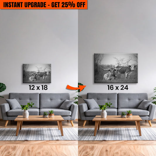 Upgrade Your 12x18 Inches 'Monochrome Texas Longhorn Cattle' Canvas to 16x24 Inches