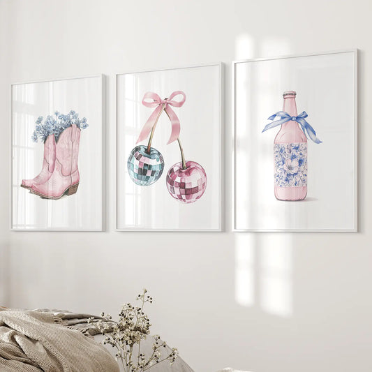 Cherries Disco Ball Preppy Pink Wall Art Prints