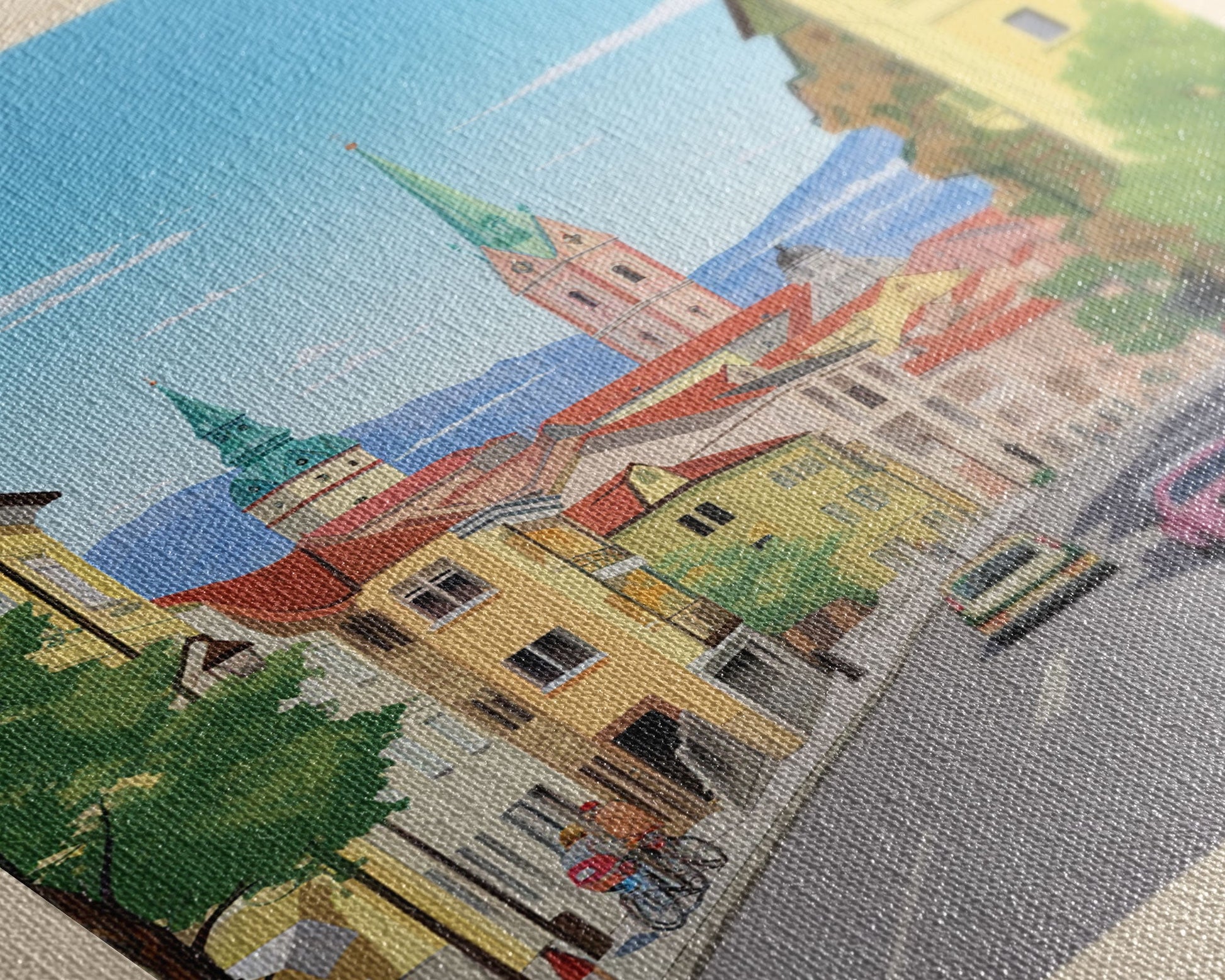 Close-up of textured framed canvas print featuring Iași Romania travel poster with midcentury modern and pop art styles for wall decor.