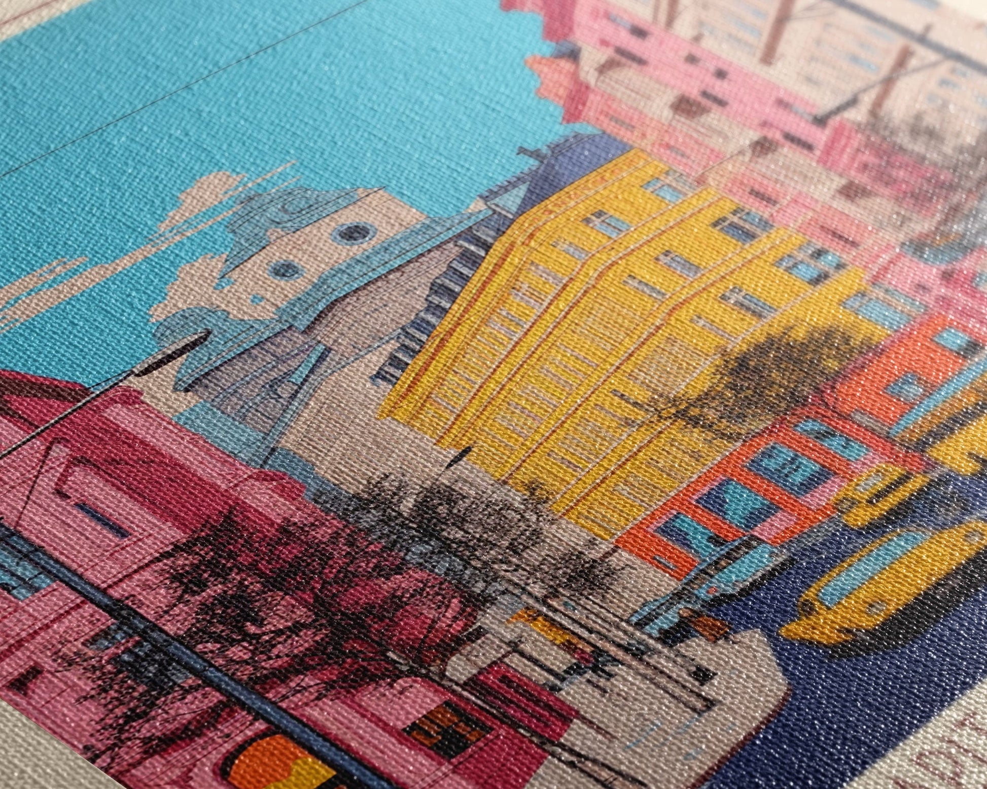 Close-up of textured framed canvas print featuring Pitești Romania travel poster with midcentury modern and pop art design.