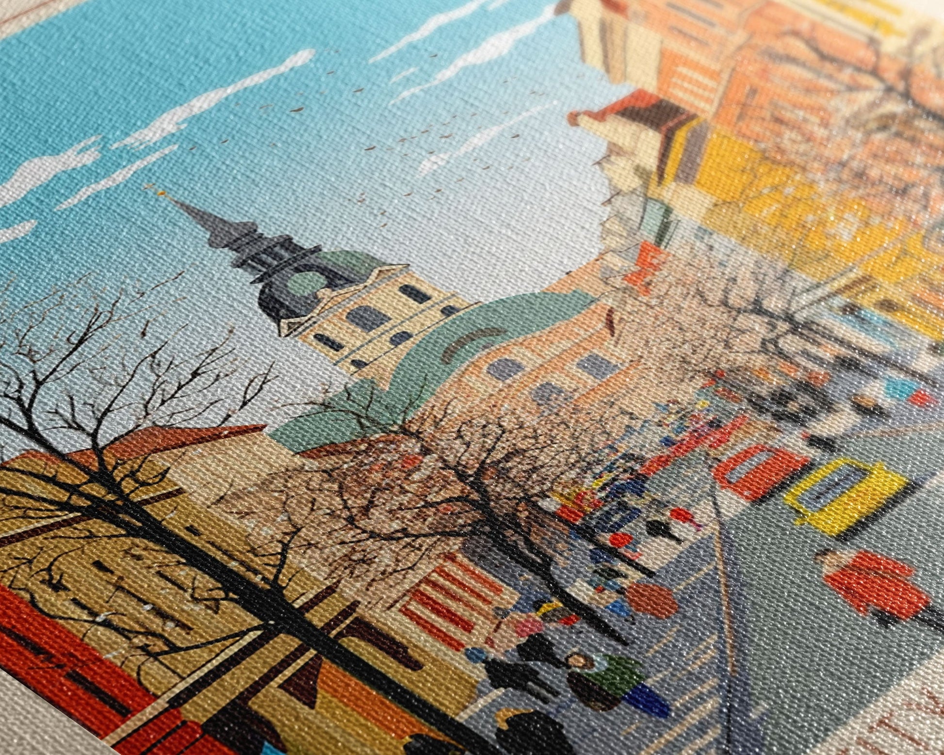 Close-up of textured framed canvas print of Ploiești Romania travel poster by NuevArt, featuring scenic midcentury modern wall art.
