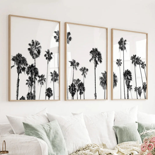 Black and White Palm Trees. Tropical Wall Art Set of 3 Prints