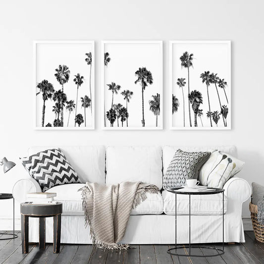 Black and White Palm Trees. Tropical Wall Art Set of 3 Prints