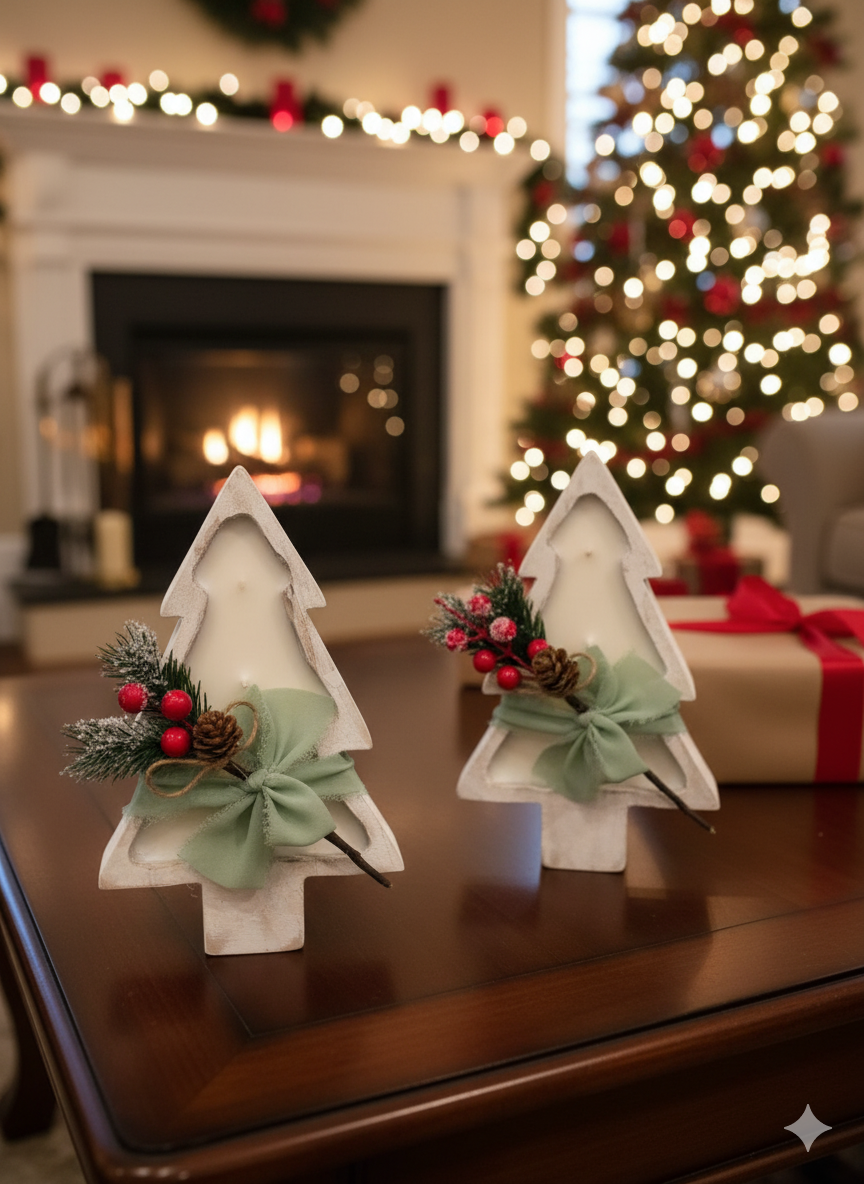 Christmas Tree Candle in Wood Bowl | Large Sculptural Soy Wax Holiday Centerpiece