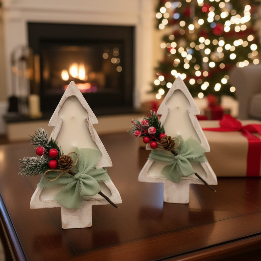 Christmas Tree Candle in Wood Bowl | Large Sculptural Soy Wax Holiday Centerpiece