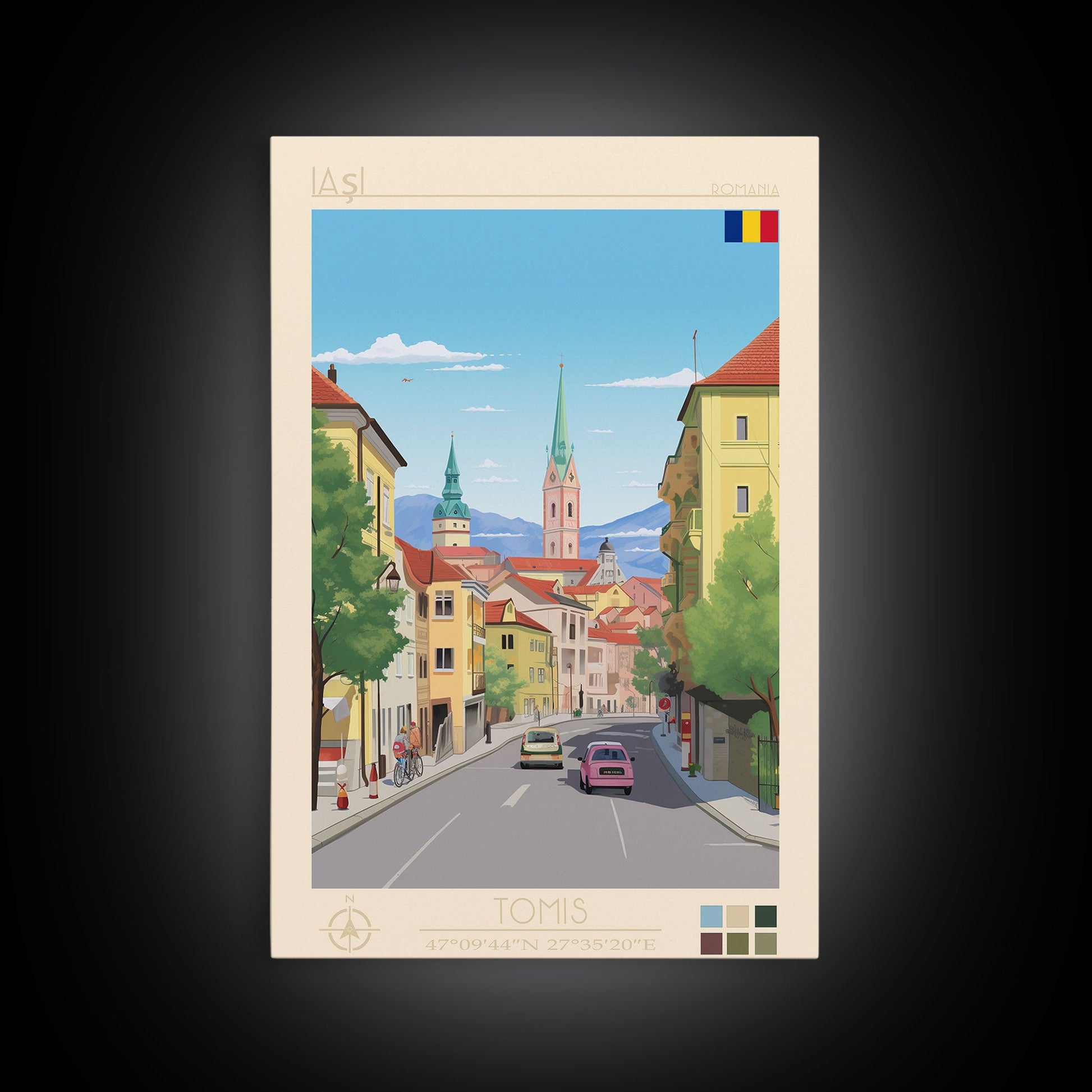 Framed canvas print of Iași Romania travel poster with midcentury modern and pop art style, scenic wall decor for living rooms or offices
