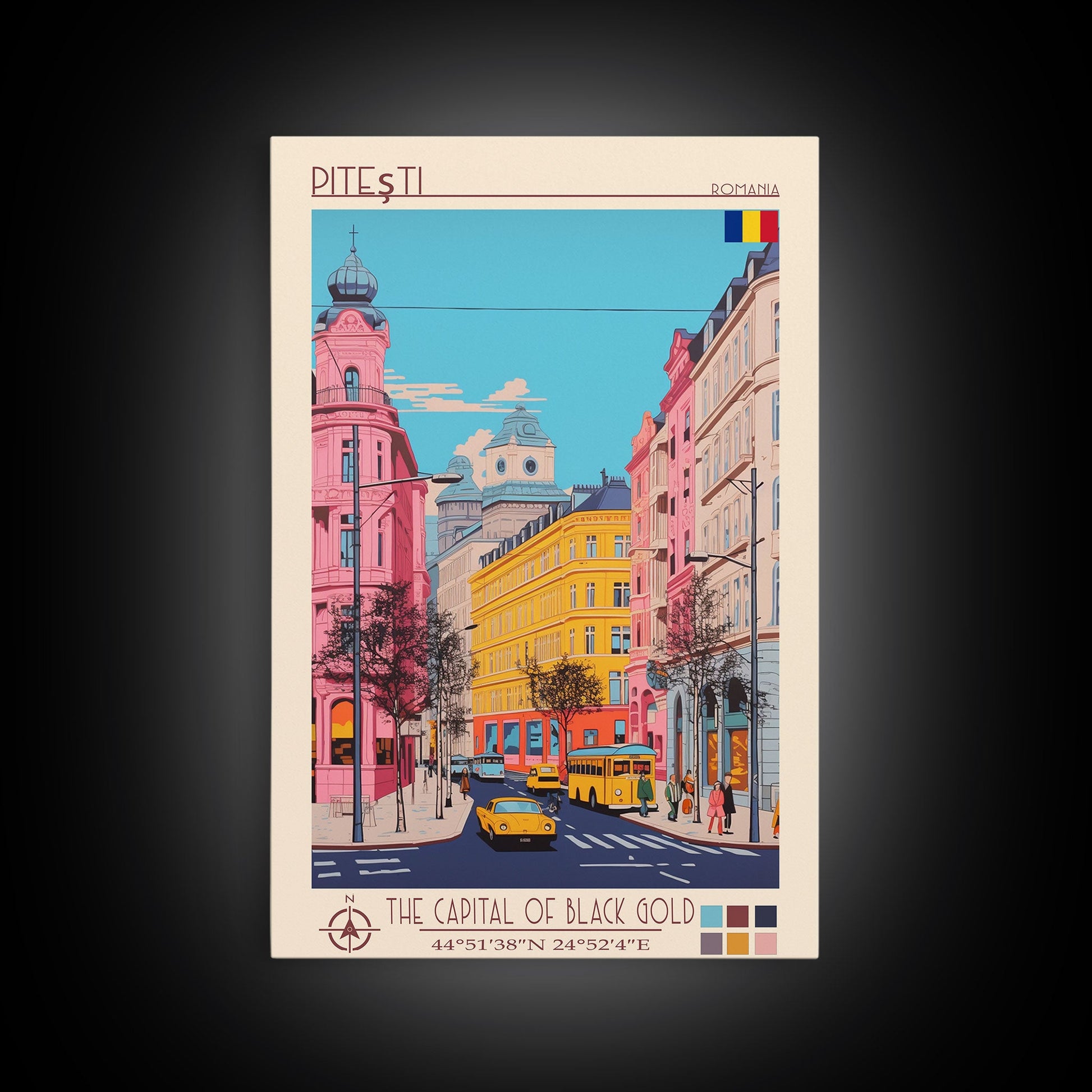 Framed canvas print of Pitești Romania travel poster featuring midcentury modern and pop art styles for wall decor.