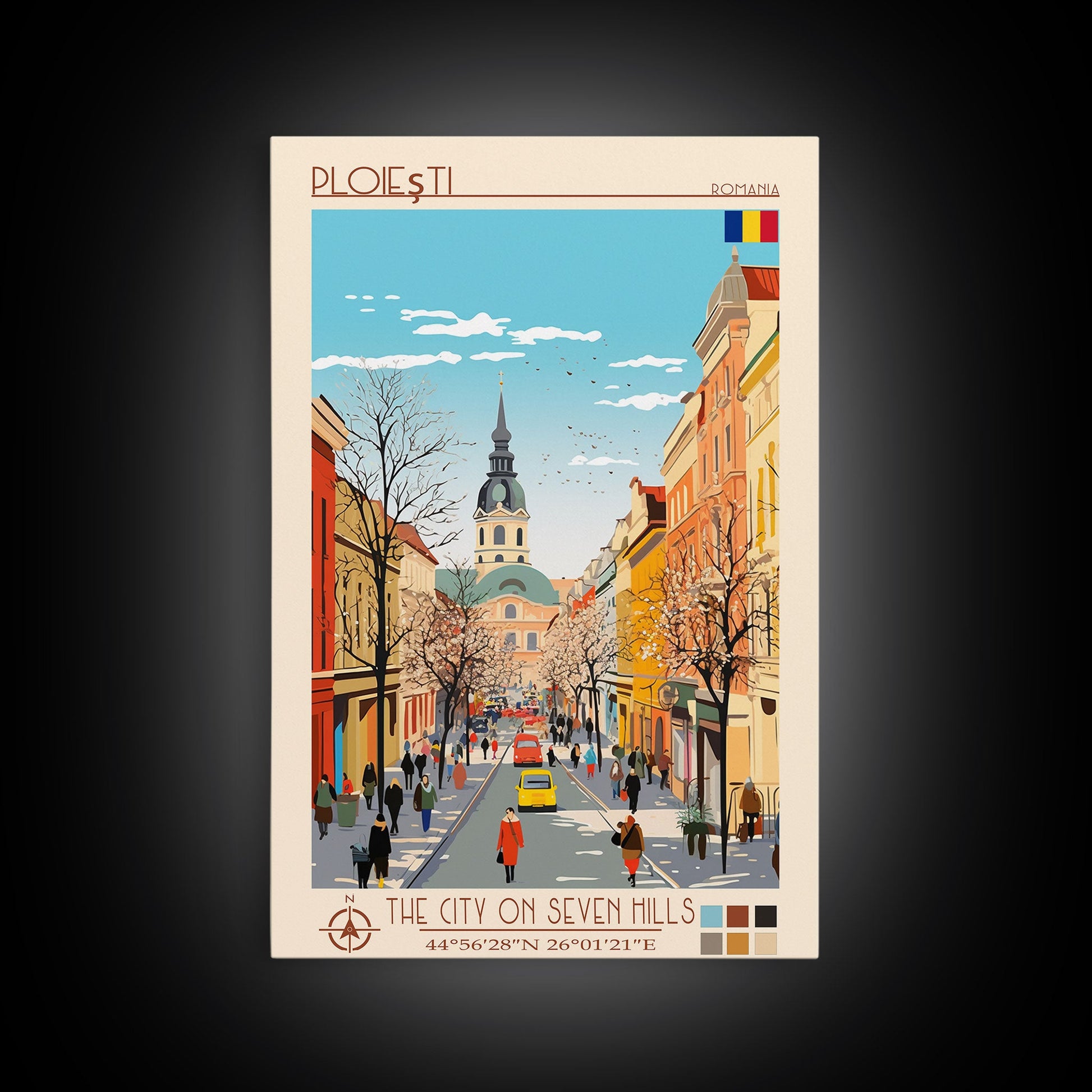 Framed Ploiești Romania travel poster canvas print featuring midcentury modern and pop art style for wall decor.