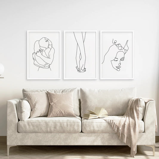 3 Piece Minimalistic Line Art Set. Couple, Holding Hands