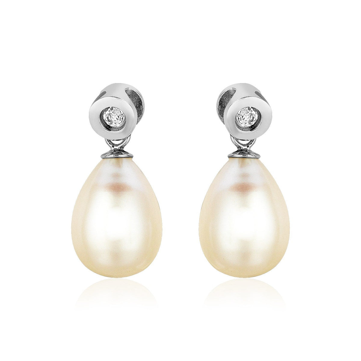 Sterling Silver Earrings with Pear Shaped Freshwater Pearls and Cubic Zirconias