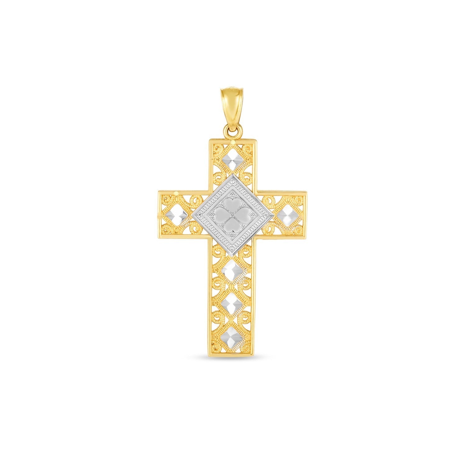 14k Two Tone Gold High Polish Diamond Cut Cross Pendant