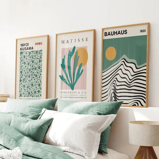 Sage Green Set of 3 Prints. Bauhaus, Kusama, Matisse Style