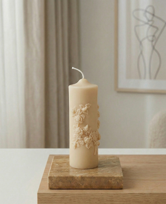 Floral Pillar Candle — Sculptural Soy Wax, Botanical Design, Handmade in USA