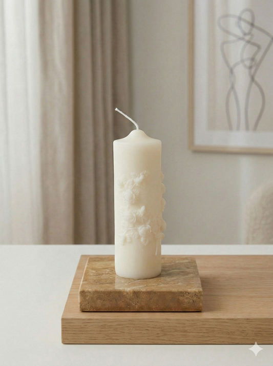 Floral Pillar Candle — Sculptural Soy Wax, Botanical Design, Handmade in USA