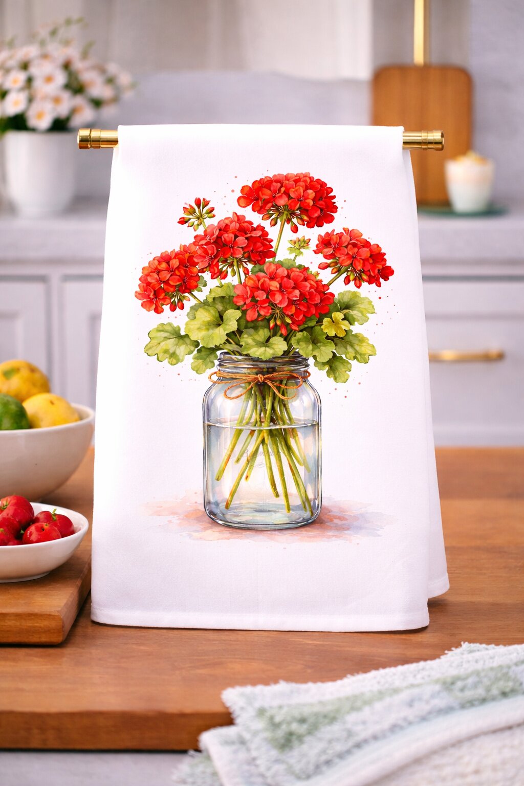 Geraniums in a Mason Jar Watercolor Kitchen Towel