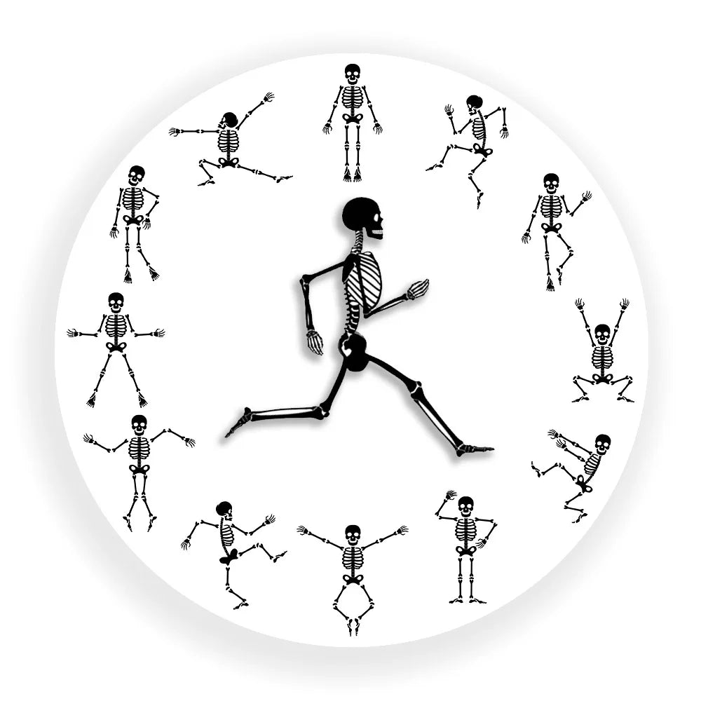 Running Skeleton Novelty Wall Clock Jumping Skull Bones Funny Décor Accessories Dancing Silent Clock Happy Halloween Party Watch