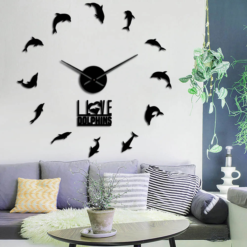 Jumping Dolphins DIY Large Wall Clock Underwater Sea Animal I Love Dolphins Wall Art Stickers Decor Clock Frameless Giant Clock