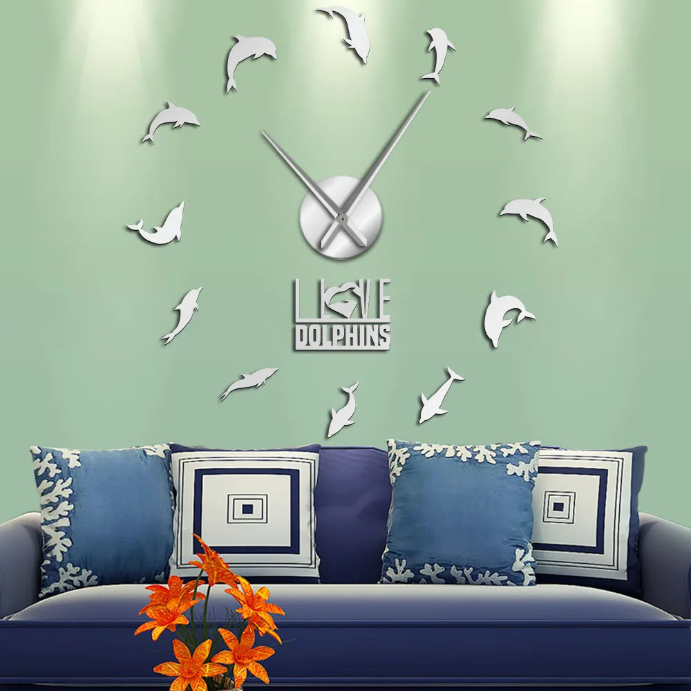 Jumping Dolphins DIY Large Wall Clock Underwater Sea Animal I Love Dolphins Wall Art Stickers Decor Clock Frameless Giant Clock
