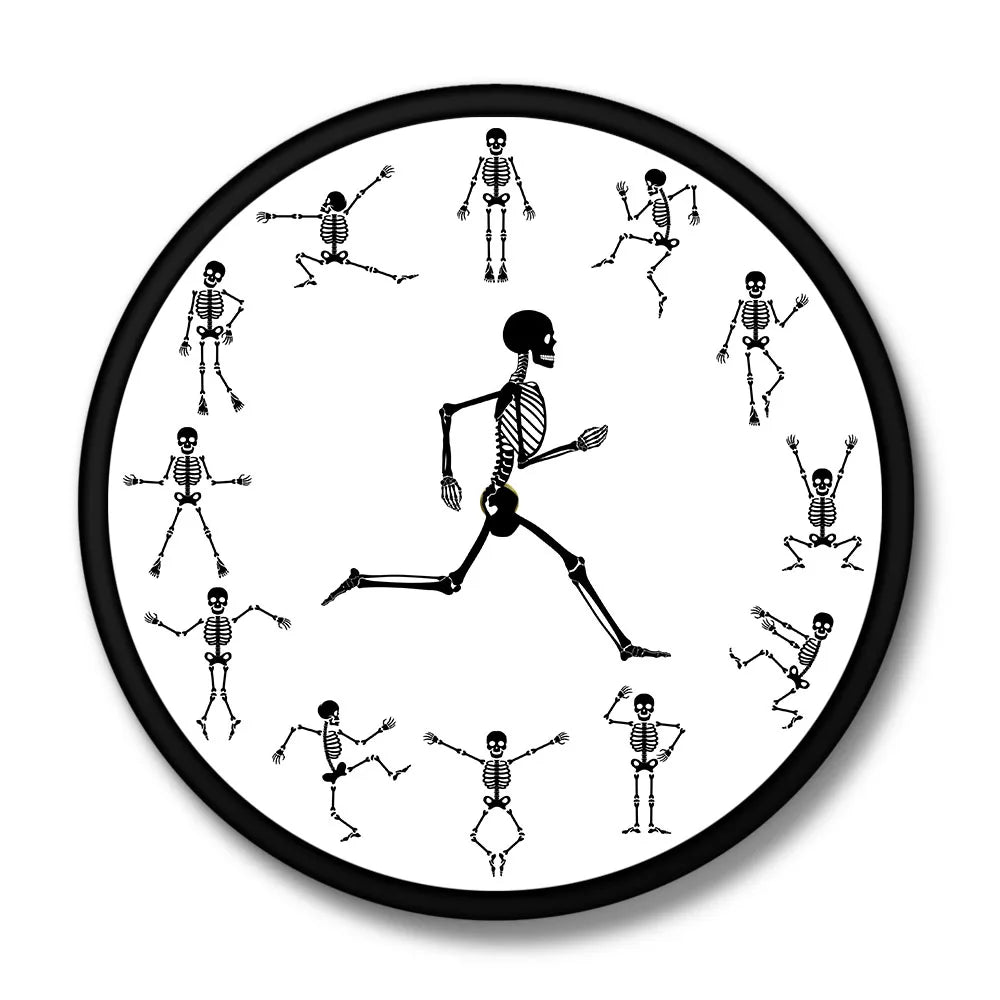 Running Skeleton Novelty Wall Clock Jumping Skull Bones Funny Décor Accessories Dancing Silent Clock Happy Halloween Party Watch