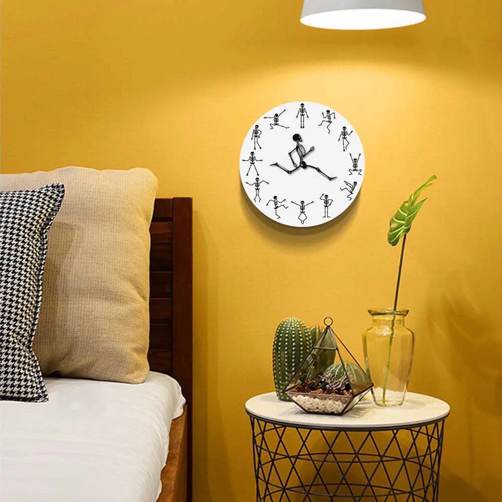 Running Skeleton Novelty Wall Clock Jumping Skull Bones Funny Décor Accessories Dancing Silent Clock Happy Halloween Party Watch