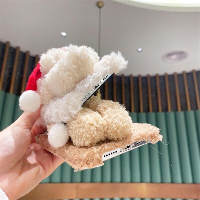 Cute Fluffy Santa 3D Teddy Bear Plush Christmas Case For Iphone 13 12 11 Pro Xs Max X Xr 7 8 Plus Se3 Shockproof Soft Cover  Super Soft Winter Warm Funny Rabbit Ears Faux Fur Plush Fluffy Cover