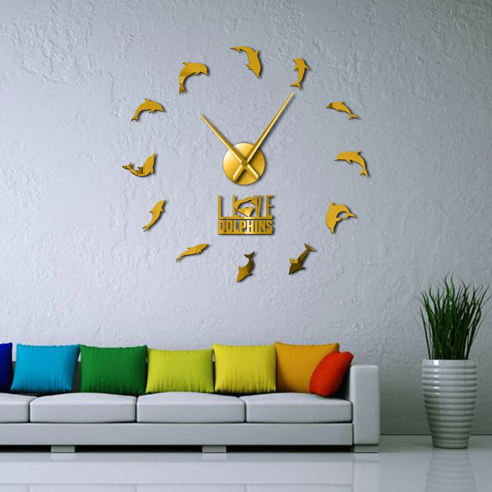 Jumping Dolphins DIY Large Wall Clock Underwater Sea Animal I Love Dolphins Wall Art Stickers Decor Clock Frameless Giant Clock