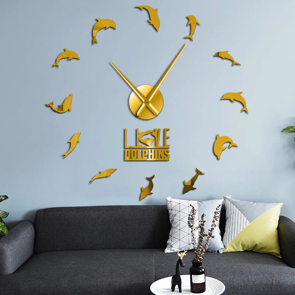 Jumping Dolphins DIY Large Wall Clock Underwater Sea Animal I Love Dolphins Wall Art Stickers Decor Clock Frameless Giant Clock