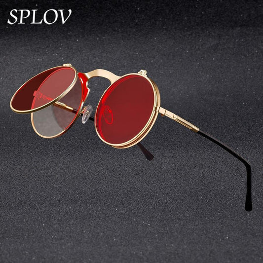 Luxury Retro  Vintage Steampunk Flip  Retro Round Metal Frame Sunglasses for Men and Women Brand Designer Circle Glasses Oculos Leon sunglasses