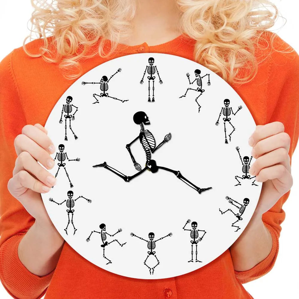 Running Skeleton Novelty Wall Clock Jumping Skull Bones Funny Décor Accessories Dancing Silent Clock Happy Halloween Party Watch