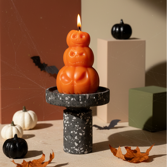 Hand-Poured Pumpkin Soy Candle – Fall Sculpture in Orange, Ivory & Gray
