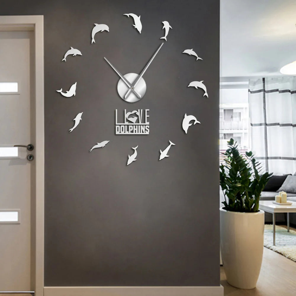 Jumping Dolphins DIY Large Wall Clock Underwater Sea Animal I Love Dolphins Wall Art Stickers Decor Clock Frameless Giant Clock