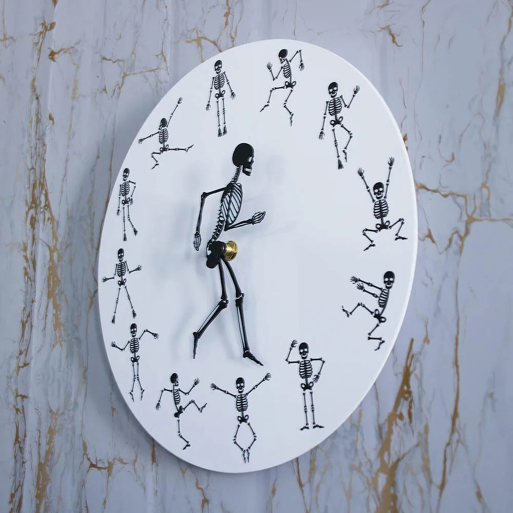 Running Skeleton Novelty Wall Clock Jumping Skull Bones Funny Décor Accessories Dancing Silent Clock Happy Halloween Party Watch