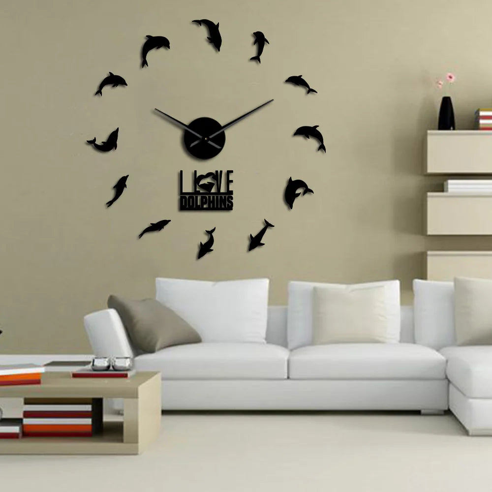 Jumping Dolphins DIY Large Wall Clock Underwater Sea Animal I Love Dolphins Wall Art Stickers Decor Clock Frameless Giant Clock