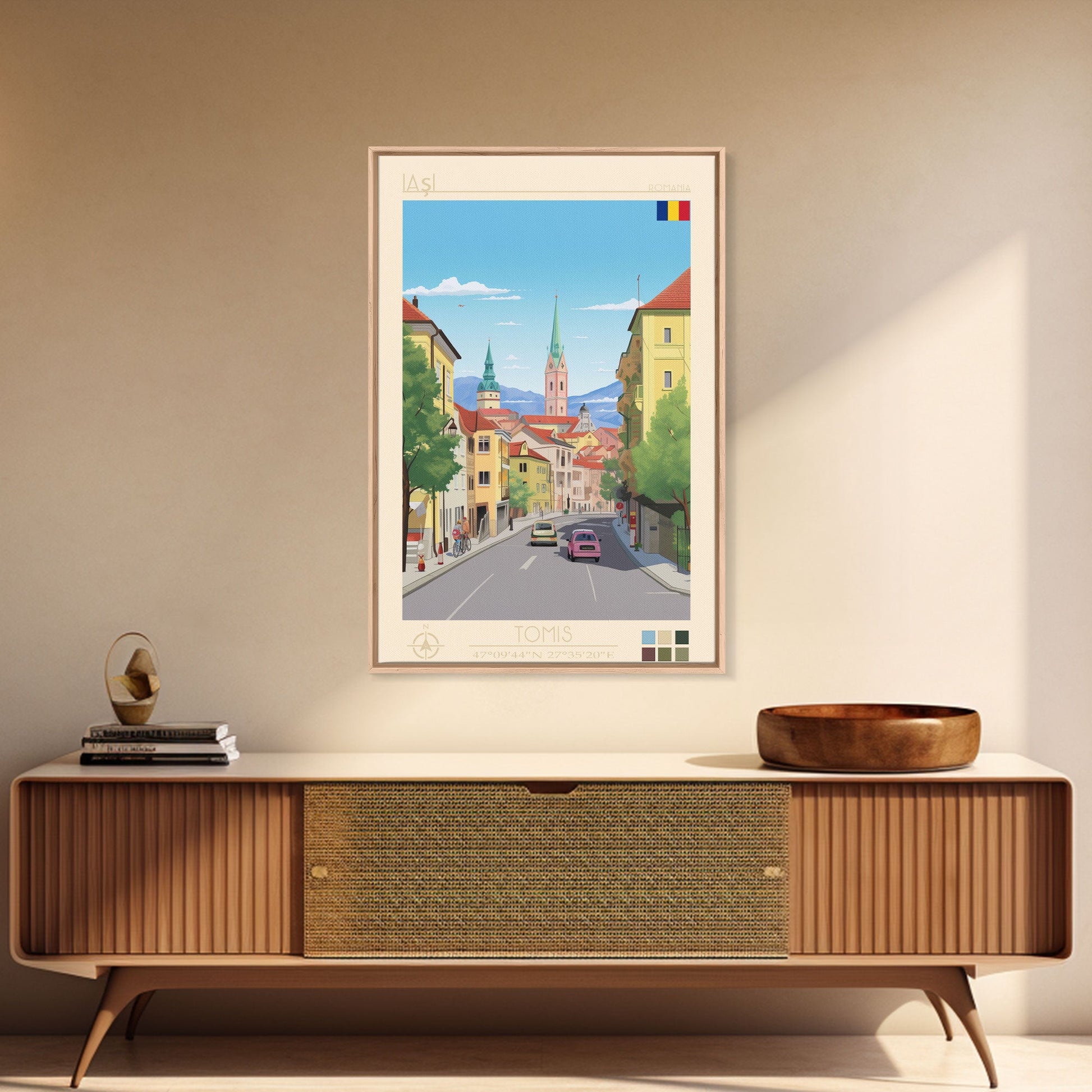 Framed canvas print of Iași Romania travel poster featuring midcentury modern and pop art style for wall decor and living room.