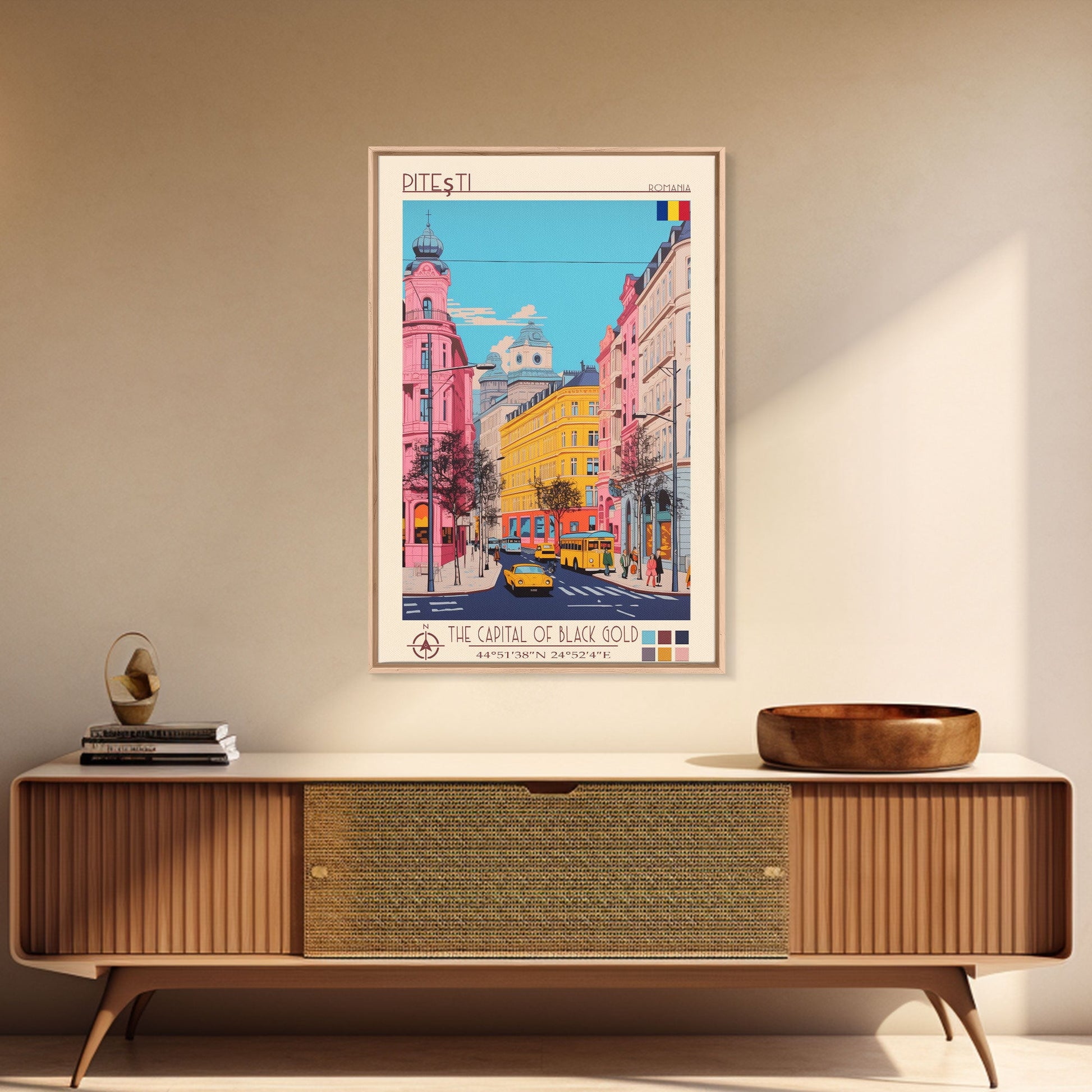Framed canvas print of Pitești Romania travel poster showcasing midcentury modern and pop art wall decor for home or bedroom.