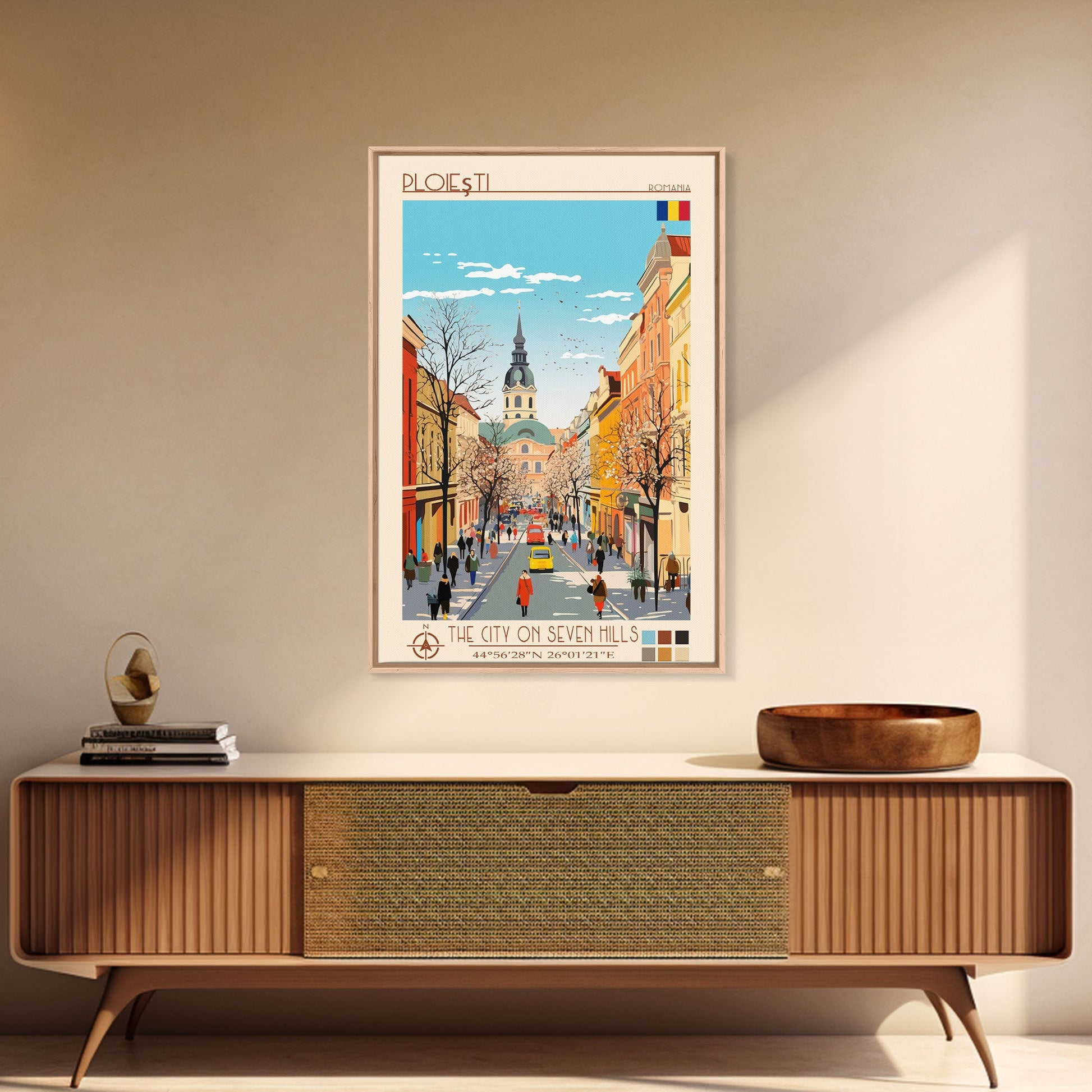 Framed canvas print of Ploiești Romania travel poster with midcentury modern and pop art style, scenic wall decor for bedroom.
