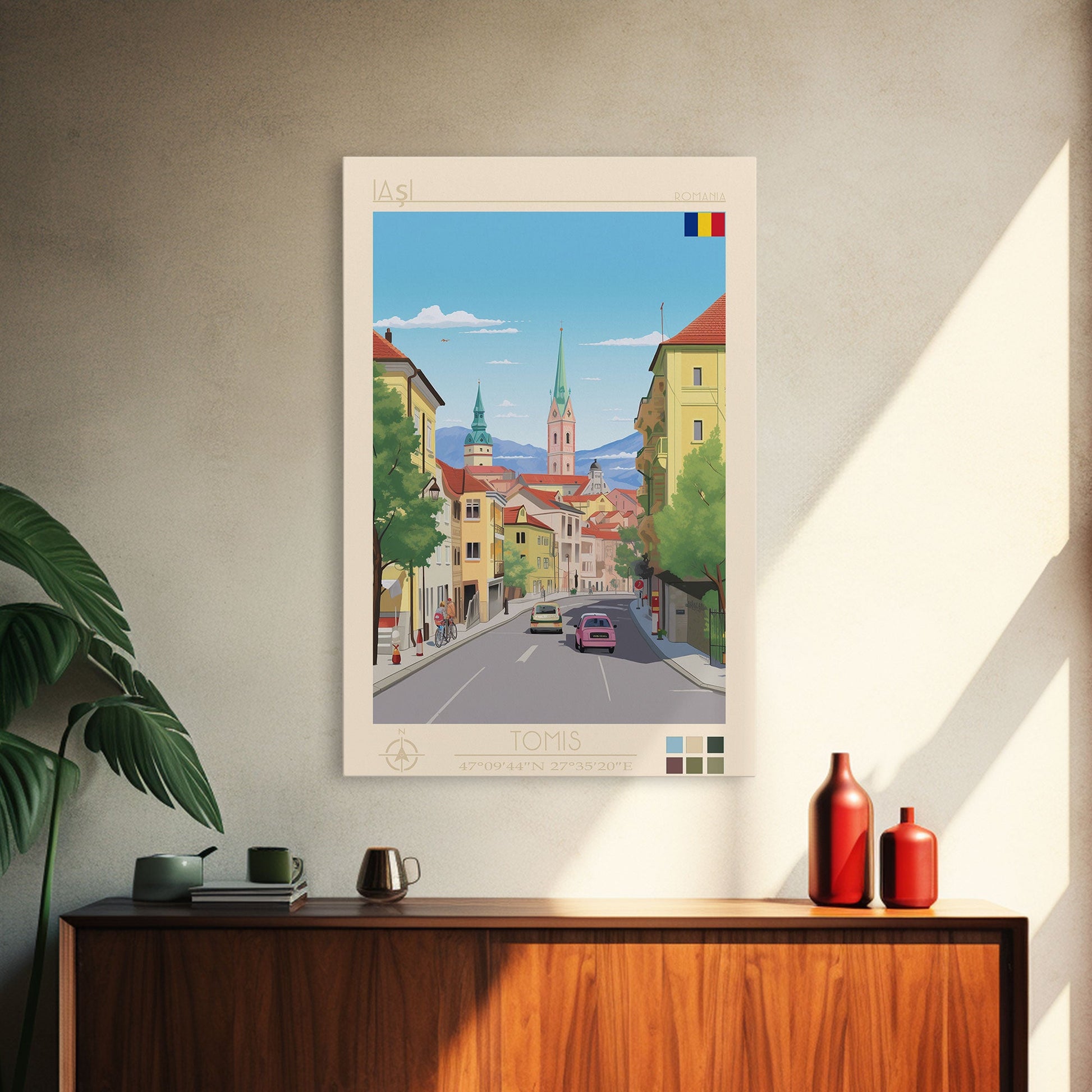 Framed canvas print of Iași Romania travel poster featuring midcentury modern and pop art style for wall decor.